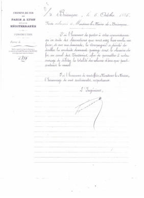 Courrier SNCF concernant 2 ème Syphon des Trasseries 18 oct 1885